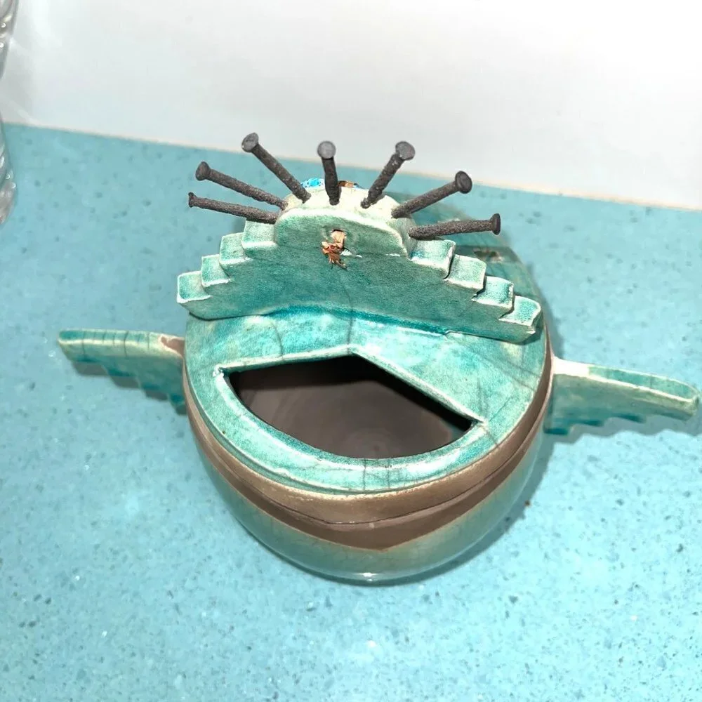 Barbara Heard Ceramic Lantern Signed Bird Head Blue Gray Handmade Pottery Candle